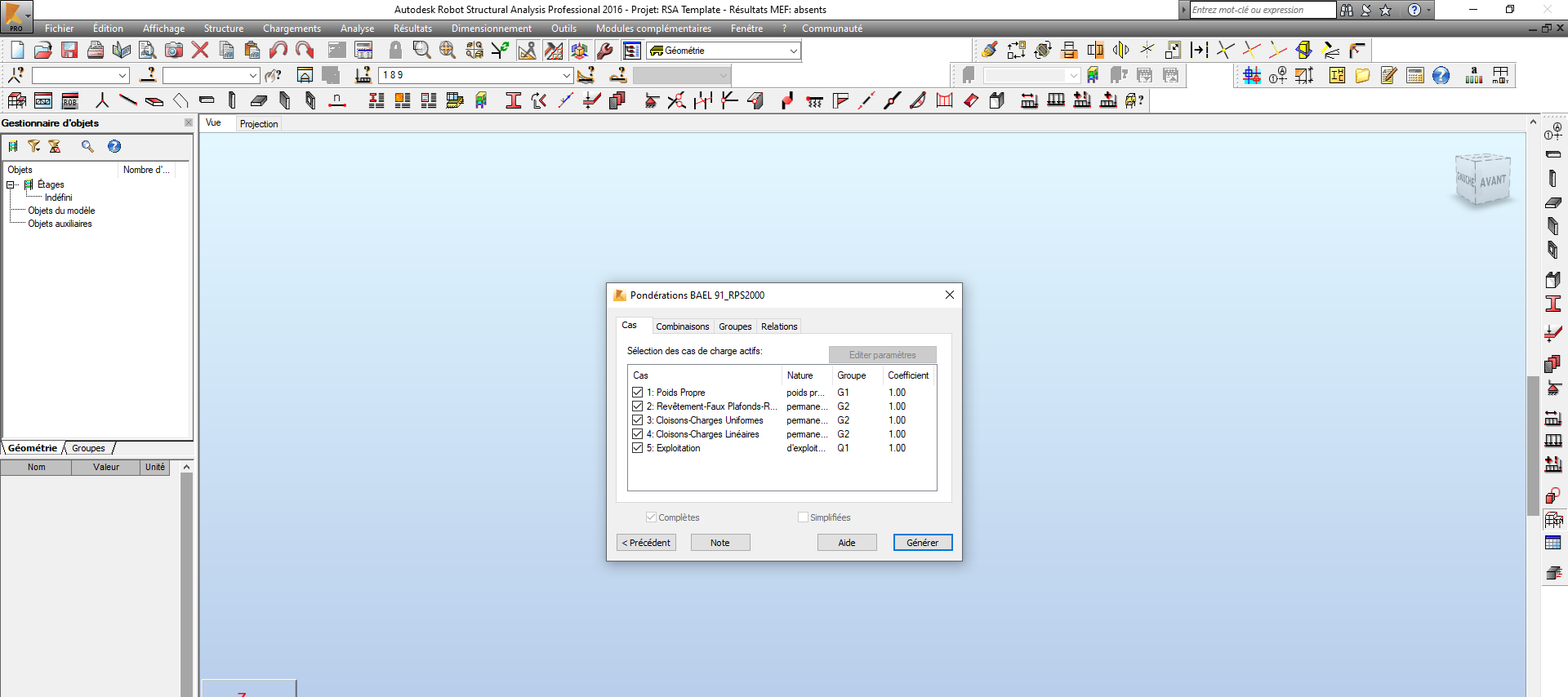 Autodesk Robot Structural Analysis -Définition des combinaisons automatiques - Cas de Charges