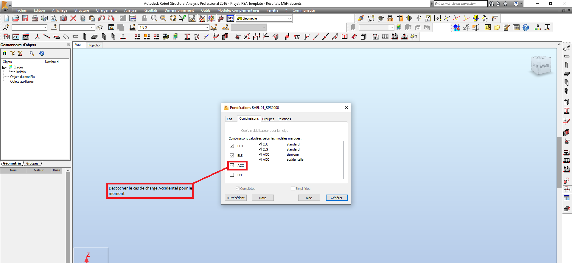 Autodesk Robot Structural Analysis -Définition des combinaisons automatiques - Décocher le Cas de Charges ACC