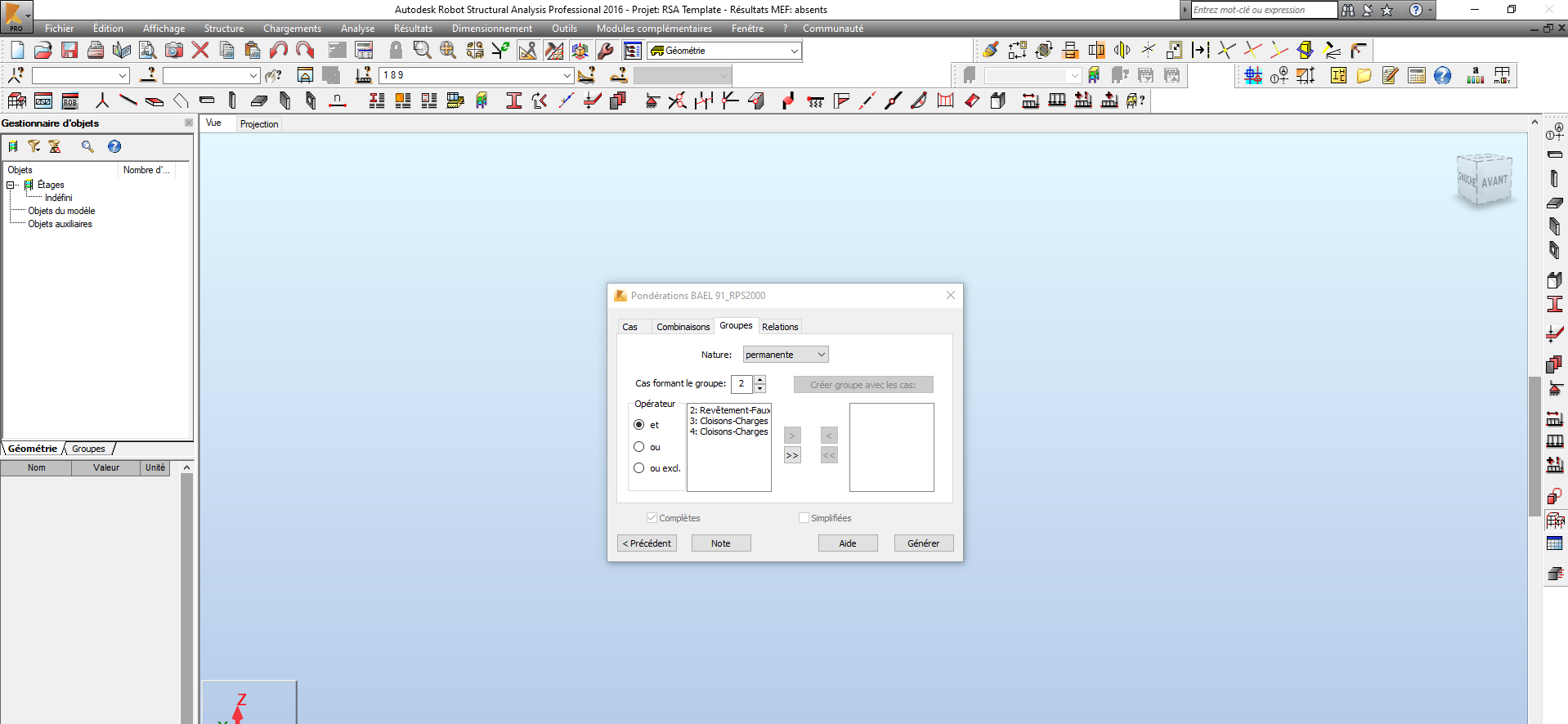 Autodesk Robot Structural Analysis -Définition des combinaisons automatiques - Groupes de Charges Permanentes