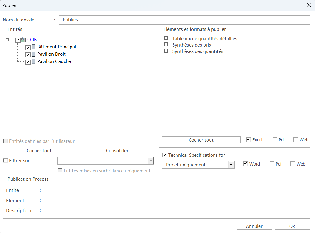 Capture d'écran S2 MétréBTP : fenêtre de publication des métrés par bâtiment, avec export Excel, PDF et Word