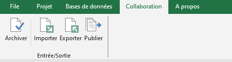 Capture d'écran S2 MétréBTP : ruban Collaboration avec les fonctions Archiver, Importer, Exporter et Publier