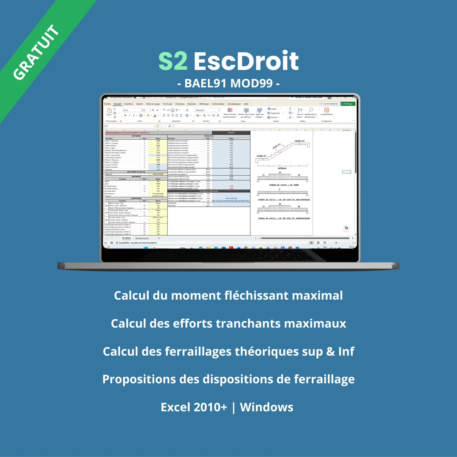 Outil Excel S2EscDroit — Calcul ferraillage escalier droit béton armé BAEL91mod99
