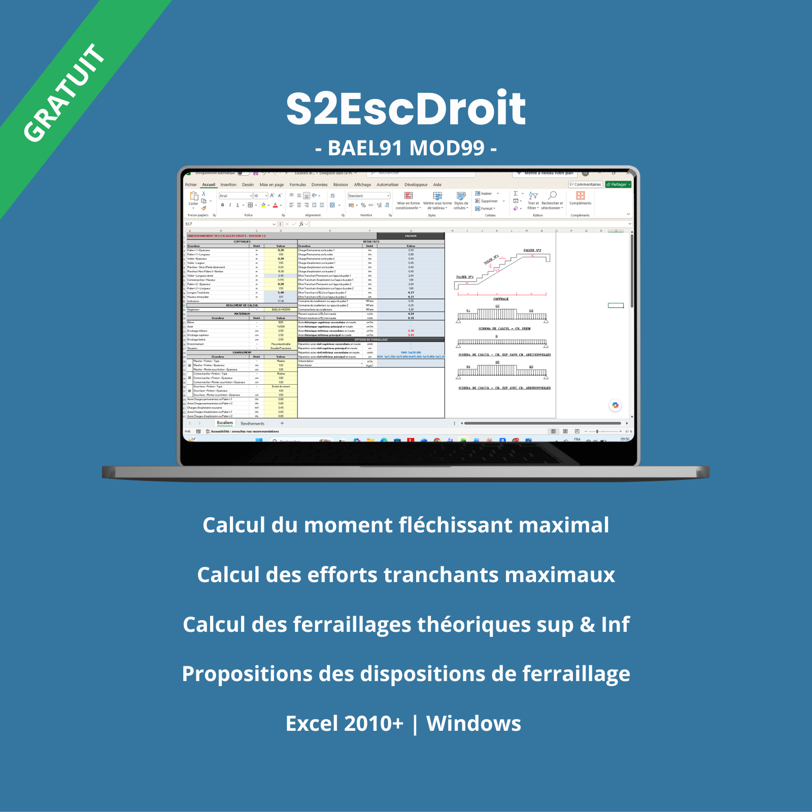 Outil Excel S2EscDroit — Calcul ferraillage escalier droit béton armé BAEL91mod99